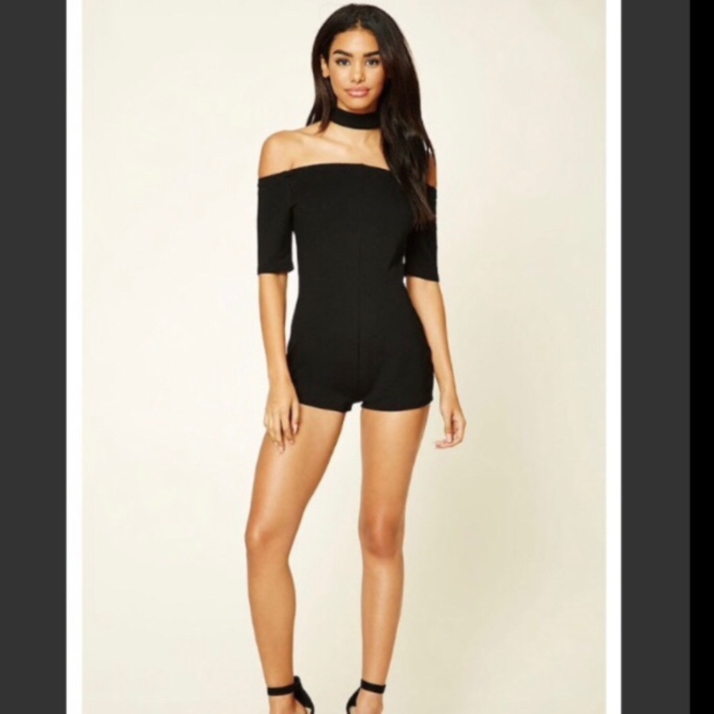Black off the Shoulder Romper w Attached Choker